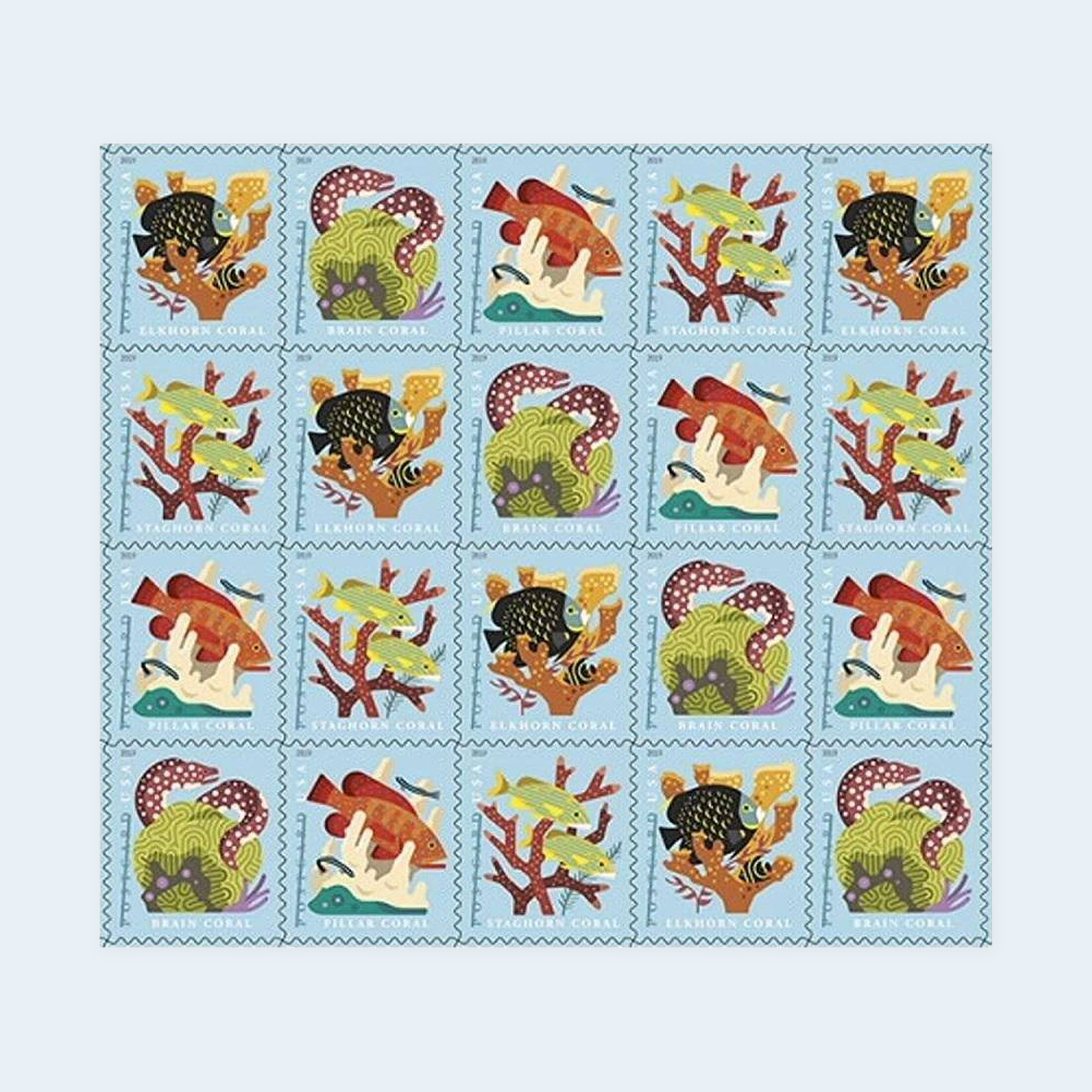 2019 Coral Reefs Postcard Stamps: Self-Adhesive Sheet for Domestic Postcards
